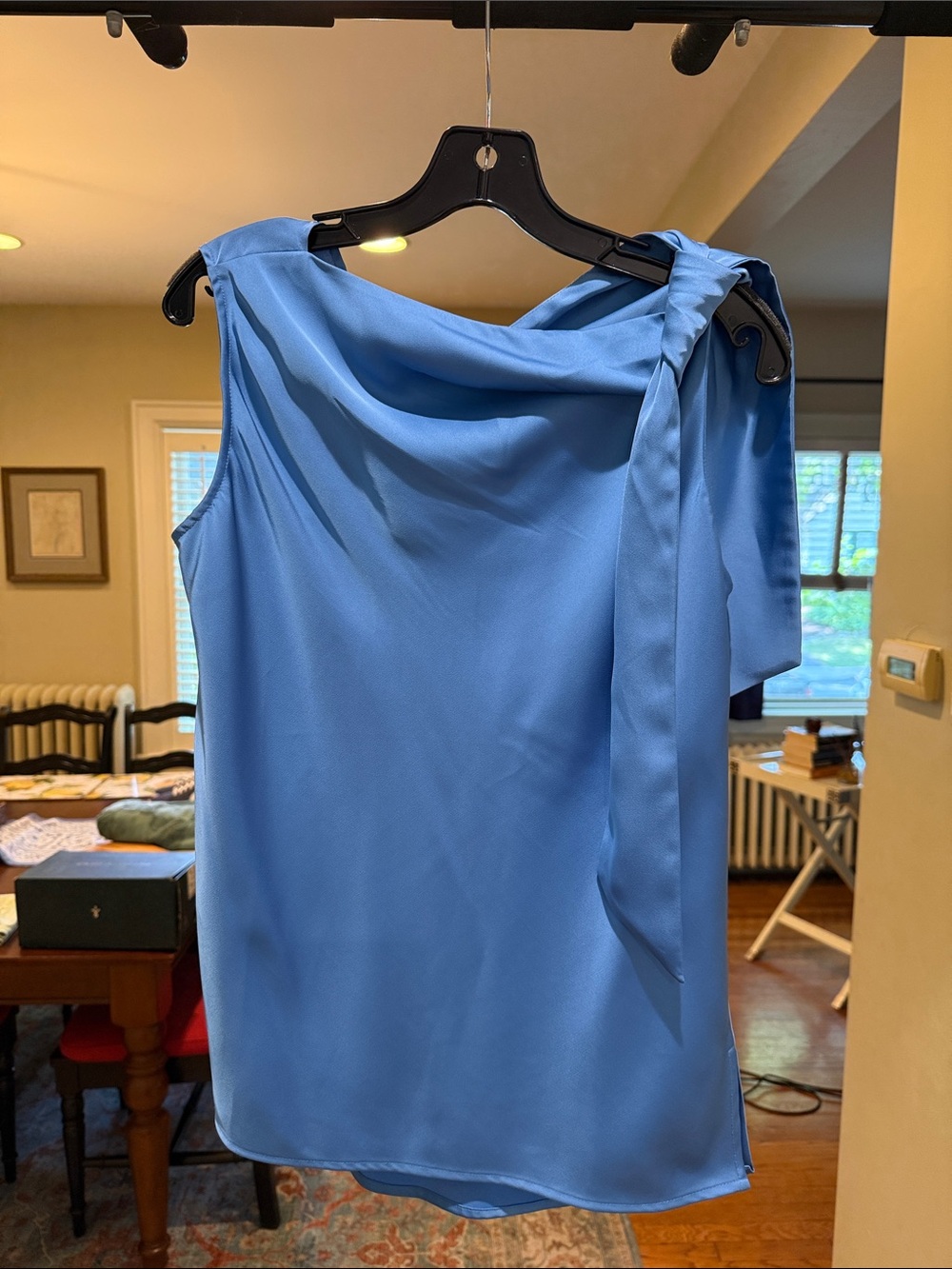 Satin One-Shoulder Tank Top with Tie in Sky Blue